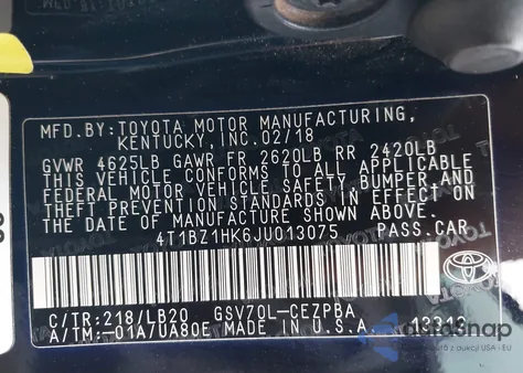 2018 Toyota Camry Xse V6 z USA, uszkodzony, nr VIN 4T1BZ1HK6JU013075